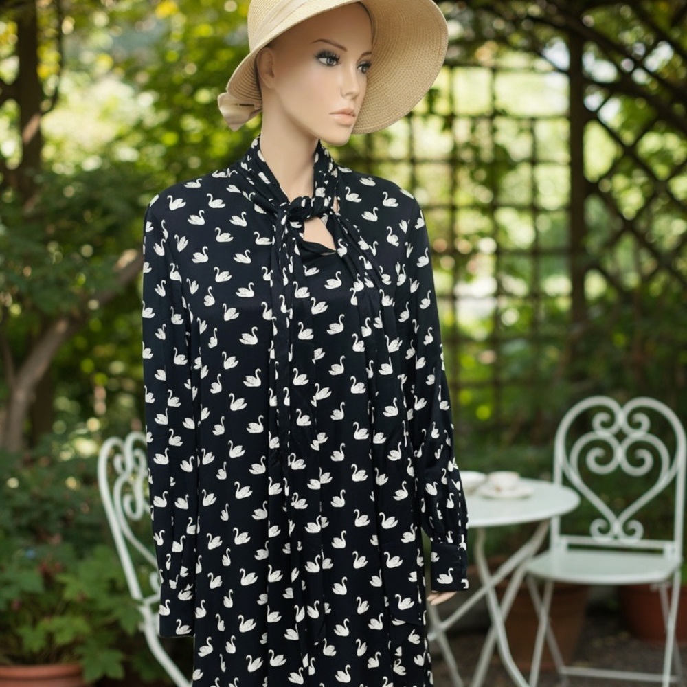Maeve Anthropologie Black Dress with White Swan Print and Neck Tie A-Line Size L